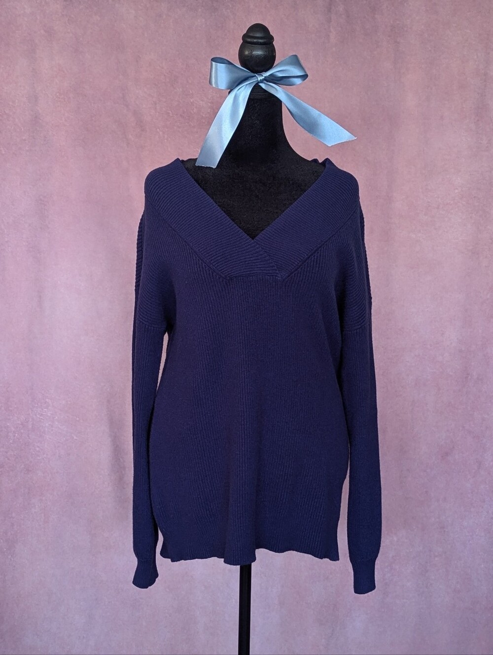 Feierai Navy Knit Sweater Lantern Sleeve Cozy Pullover